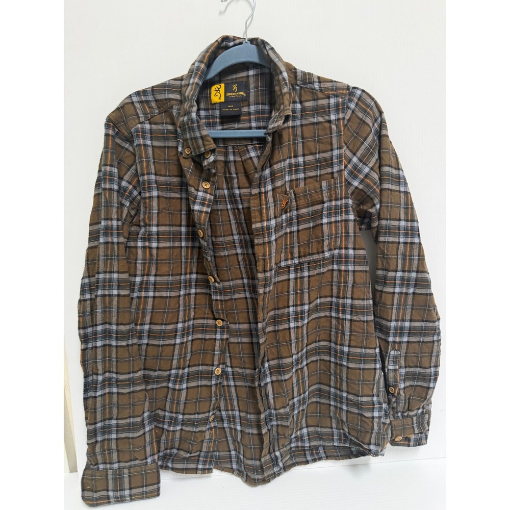 Browning Mens Plaid Button Up Shirt Brown Orange Grey Long Sleeve Small